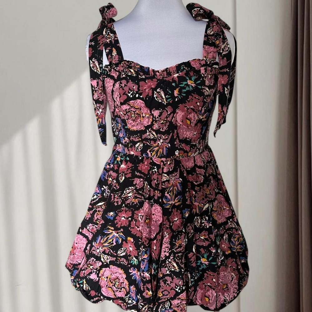 Cleobella Organic Cotton Floral Tie Shoulder Bubble Hem Mini Dress Black Pink